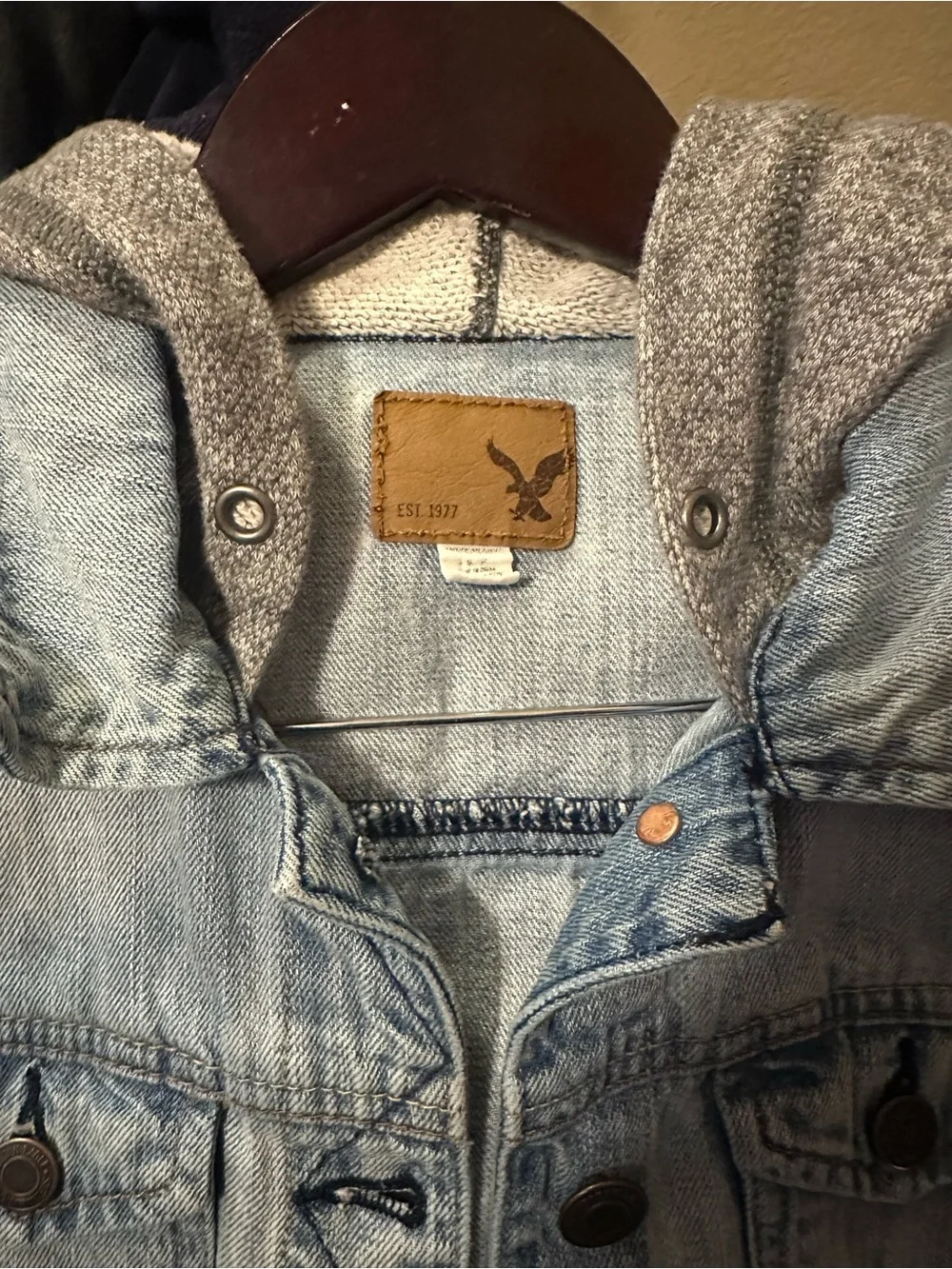 American Eagle Outfitters Light Blue Denim Jacket with Gray Knit Sleeves